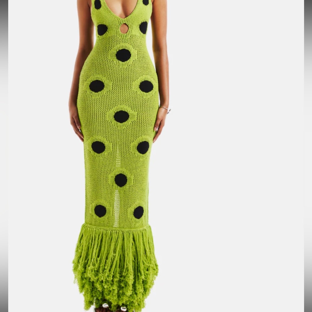 Green Crochet Maxi Dress with Black Polka Hanifa Inspired